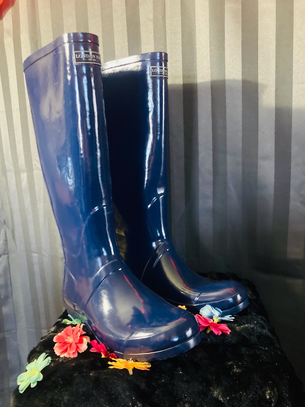 London Fog Glossy Navy Tall Women's Rain Boots